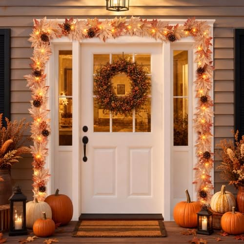 Fall Decorations for Home 9FT Fall Garlands with Lights Large Maple Leaves with Berries and Pinecones Plug in 50 Warm Incandescent Bulbs for Indoor Outdoor Autumn Halloween Harvest Decorations(2Packs) - Image 2