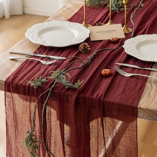10Pcs Burgundy Cheesecloth Table Runner 120 Inches for Christmas Home Decor by KEKETOARRANGE