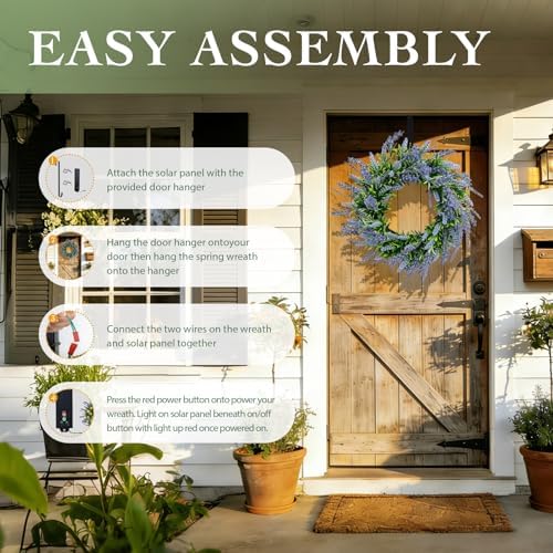 Solar Spring Wreath for Front Door 24inch 50LED Pre-lit Wreaths Spring Summer Decorations Artificial Wreath Purple Lavender Flower for Outside Home Festival Farmhouse Decor(2401) - Image 3