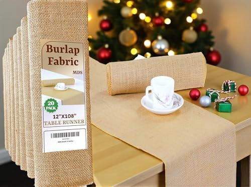 MDS® Pack of 20 Natural Burlap Table Runner, 12 x 108 Inch, Jute Vintage Rustic Farmhouse Boho Table Decor for Wedding Reception, Dining Table, Bridal Shower, Baby Shower & Holiday Party Decorations by MDS