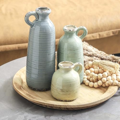 Ceramic Vase Set of 3 | Neutral Vase Home Decor with Handle | Pottery Modern Farmhouse Vases Pampas Grass Flower Vases for Home Decor Table Living Room Centerpieces Mantel Decor - Multicolor - Image 5