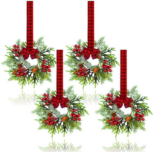 4Pcs Small Christmas Wreath - Mini Wreaths with Red Berry Pine Eucalyptus Christmas Wreaths for Door Kitchen Cabinets Window Fireplaces Decor by JUSTOTRY