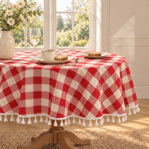 Red Checkered Round Tablecloth, Cotton Linen Texture, 60 Inch by Pavorin