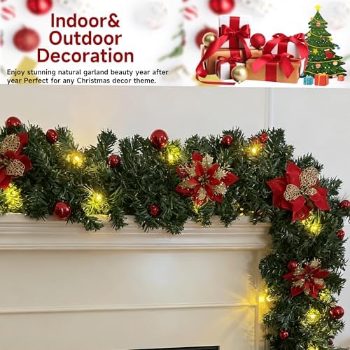 9FT Christmas Garland with Lights, Prelit Garland with Red Berry Clusters&Balls&Flowers&Pine Needles,for Stairs Railing Fireplace Mantle Front Door Home Holiday Decor Ornaments - Image 7