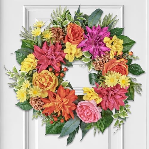 24 Inch Spring Summer Wreath for Front Door with Roses Dahlias Silk Flowers with Berry Greenery for All Seasons Indoor Outdoor Porch Wedding Wall Farmhouse Living Room Home Decor by MDSTBN