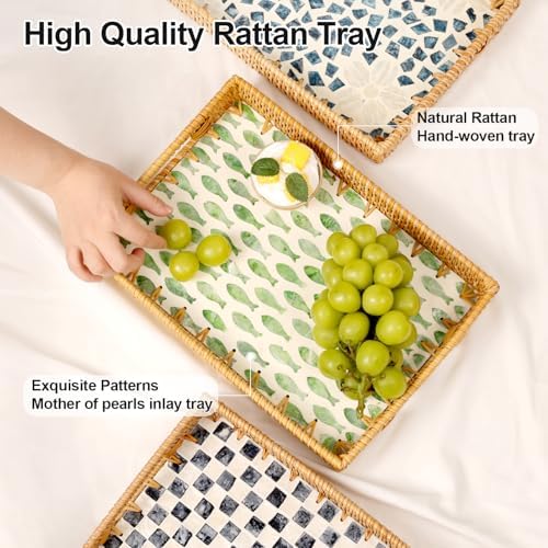 Rectangle Rattan Tray with Mother of Pearl Inlay, Rattan Serving Tray with Handle for Coffee, Bread, Fruits, Snacks, Decorative Wicker Tray for Table Decor (Rectangle Green Fish, 13"×9") - Image 4