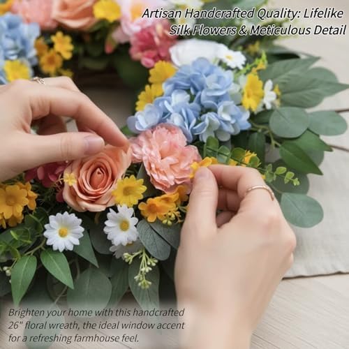 26" Artificial Spring Wreath for Front Door - Large Silk Hydrangea Daisy Rose Mixed Floral Wreath - Farmhouse Porch Wall Decor, Easter Mother's Day Decoration (Multicolor) - Image 6