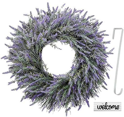 24 Inch Spring Wreaths for Front Door, Artificial Lavender Wreath with Welcome Sign and Hanger, Purple, for Spring, Summer, Autumn, Winter, Indoors, Outdoors, Corridors, Offices - Image 3