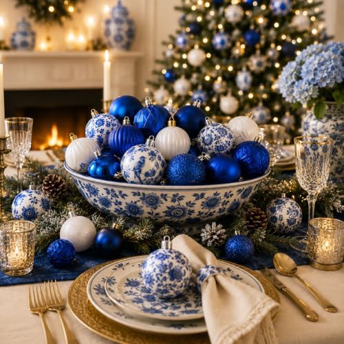 Lunmon 64 Pcs Chinoiserie Christmas Ornaments Blue and White Xmas Bulbs - Image 5