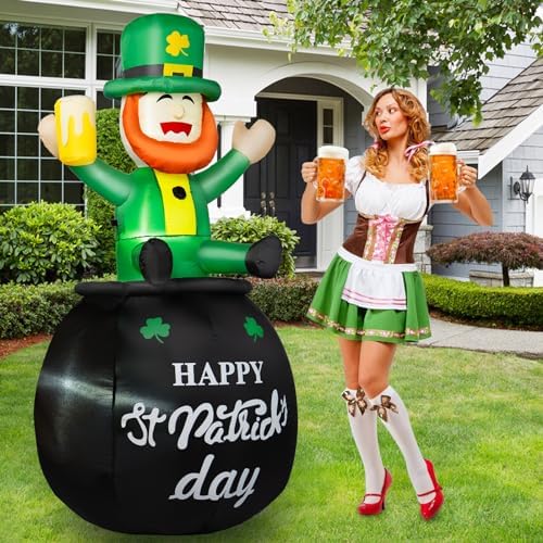 B&D 6FT St Patricks Day Inflatables Outdoor Decorations, Blow Up Leprechaun Holds Beer Cup Sitting on Pot of Gold Built-in LED Lights, St Patricks Day Decorations for Irish Day Yard Garden Lawn Decor - Image 3