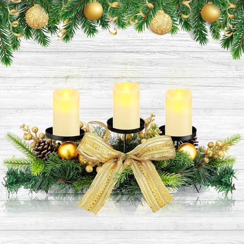 meekoo Christmas Centerpiece with 3 Candle Holders 3 LED Candles 1 String Lights Xmas Triple Candelabrum Bow Berry Pine Cones with 3 Candle Holders for Tables Home Decorations by meekoo