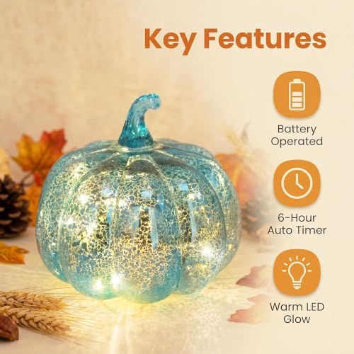 Fall Decorations for Home,Mercury Glass Pumpkin Lights with Timer(Blue) - Image 2