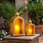 JHY DESIGN 2-Pack Vintage Metal Candle Lanterns with Embossed Amber Orange Glass 15.5'' High Hollow Carved Candle Holder, Portable Hanging Lantern for Home Patio Wedding Holiday Decor（Gold） by JHYDESIGN