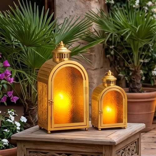JHY DESIGN 2-Pack Vintage Metal Candle Lanterns with Embossed Amber Orange Glass 15.5'' High Hollow Carved Candle Holder, Portable Hanging Lantern for Home Patio Wedding Holiday Decor（Gold） by JHYDESIGN