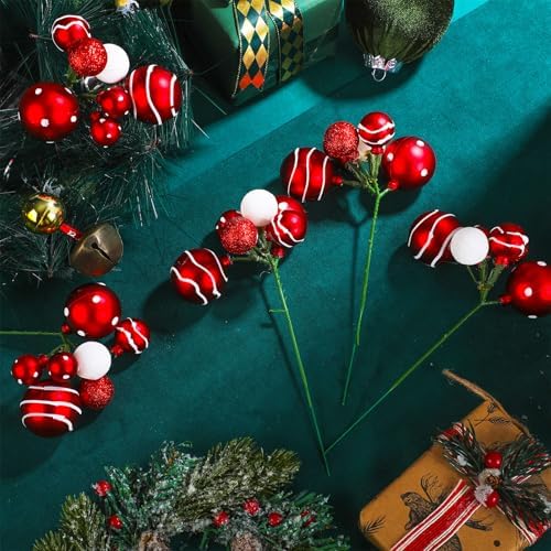 Daifunli 8 Pcs Red and White Christmas Tree Picks 7.87 Inch Christmas Balls Ornaments Xmas Hanging Decorations for Xmas Tree Topper DIY Wreath Holiday Floral Vase Fillers Crafts Home Decor - Image 3