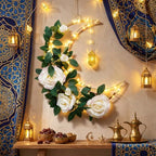 Ramadan 12.6 Inch Moon Wreath with LED Lights, Eid Mubarak Decorations for Home, Hanging Metal Crescent with Artificial Flowers & Greenery, Wall Door Decor for Ramadan Kareem Eid Celebration - Image 6