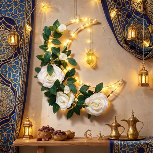 Ramadan 12.6 Inch Moon Wreath with LED Lights, Eid Mubarak Decorations for Home, Hanging Metal Crescent with Artificial Flowers & Greenery, Wall Door Decor for Ramadan Kareem Eid Celebration - Image 6