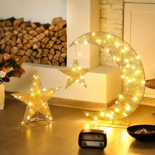 Glooglitter Pre-lit Eid Mubarak Decorations for Home Metal Eid Star Moon Crescent Light Ramadan Decorations Outdoor Lighted Night Lamp Sign with LED String for Yard Lawn Pathway - Image 2