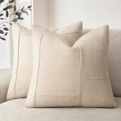 Foindtower Set of 2 Decorative Patchwork Chenille Throw Pillow Covers Textured Neutral Vintage Cushion Cover Modern Coastal Boho Home Decor for Sofa Chair Couch Bed Living Room,22×22 Inch,Ivory White by Foindtower