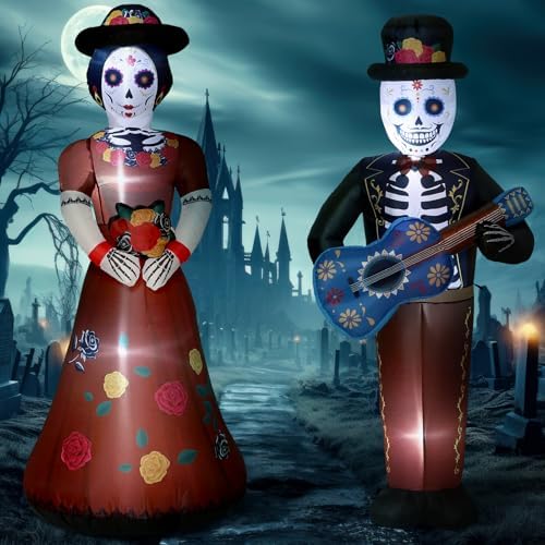 Fourluoo 2 Pcs 4.9 ft Dia De Los Muertos Inflatable Outdoor Decoration Day of The Dead Light up Blow up Sugar Skull Halloween Inflatable Couple Groom and Bride Yard Decoration for Garden Lawn Decor by Fourluoo