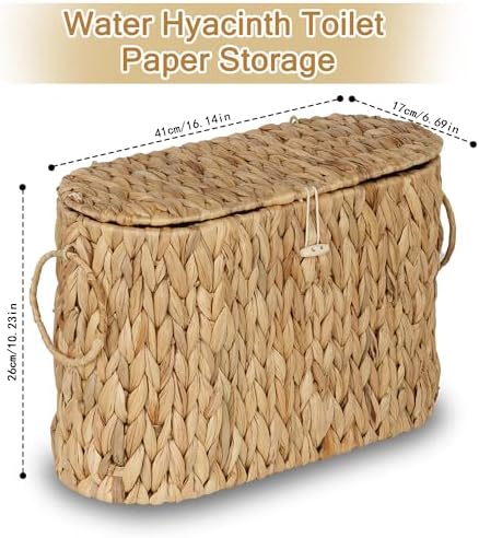 efluky Toilet Paper Storage Basket, Water Hyacinth Slim Toilet Paper Holder with Lid- Holds Up to 9 Mega Rolls, Home Bathroom Decor Organizer - Image 3