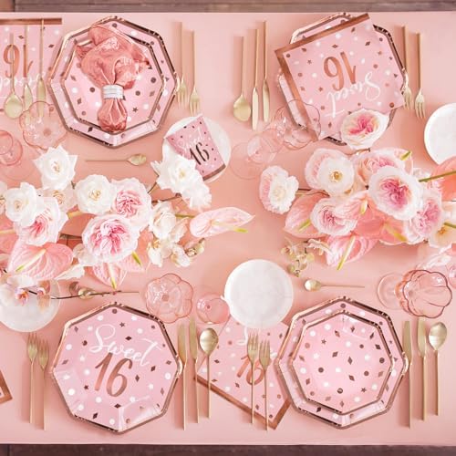 Rose Gold & Pink Sweet 16 Birthday Bundle: Party Supplies Set with paper Plates, Napkins, Cups, Tablecloth & Banner - Sweet Sixteen Decorations, Party Favors ，Serves 25 - Image 4