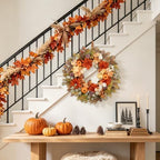24" Fall Wreath with Pumpkins Dahlias Daisies Berries & Eucalyptus Leaves - Image 5