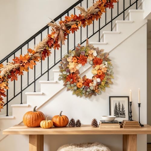 24" Fall Wreath with Pumpkins Dahlias Daisies Berries & Eucalyptus Leaves - Image 5