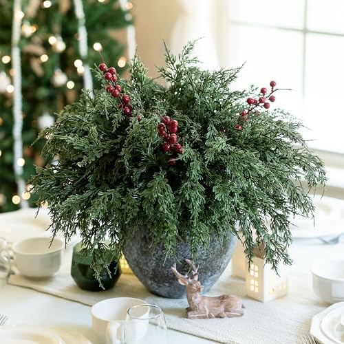 Cedar Stems Artificial Norfolk Pine Branches for Christmas Decor, 12 PCS Fake Pine Stems with 3 PCS Red Berries Branches Realistic Fake Plants Faux Greenery for Vases DIY Garland Xmas Table Indoor - Image 3