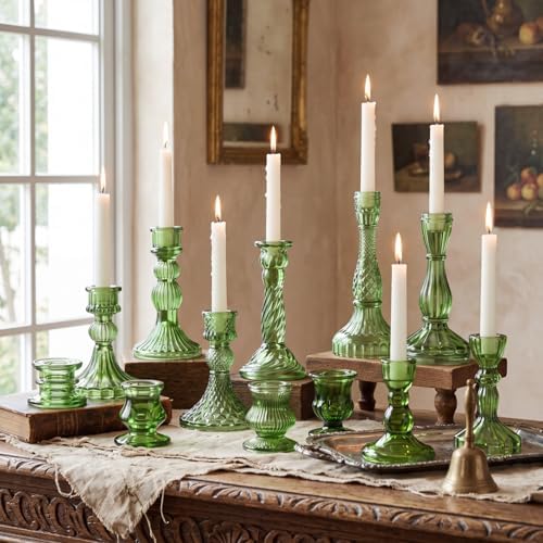 Mumufy 12 Pcs Green Glass Candle Holders Classic Style, Ribbed Taper 0.8" by Mumufy