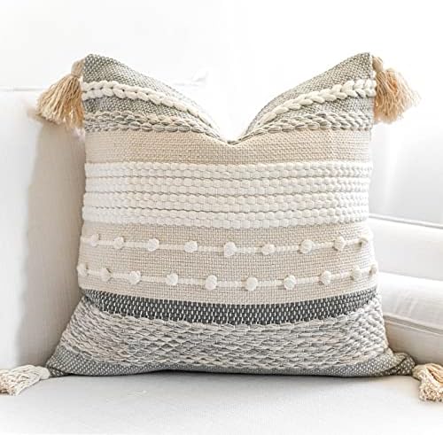 BlissBlush Gray Boho Throw Pillow Cover 18x18 Grey Decorative Accent Pillow for Couch Square Woven Textured Pillowcase Modern Farmhouse Pillow for Bed Bohemian Pillow Cover (Pack of 1) by BlissBlush