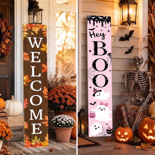 Fall Porch Sign Double Side, 47.2", Front Door, Pink Halloween - Image 4