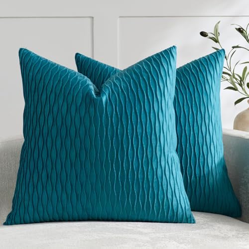 DEZENE Turquoise Throw Pillow Cases 24x24: Pack of 2 Inch Vertical Ripple Striped Velvet Square Decorative Pillow Covers for Farmhouse Couch Sofa Bed Living Room Home Decor by DEZENE