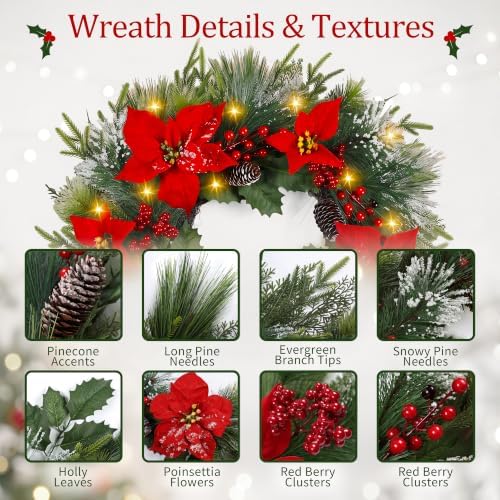 Christmas Wreaths for Front Door - 8 Lighting Modes 26 Inch Real Touch Pine Wreath with Poinsettia, Red Berries & Pine Cones Prelit Winter Wreath for Outdoor Christmas Decorations Home Decor - Image 2
