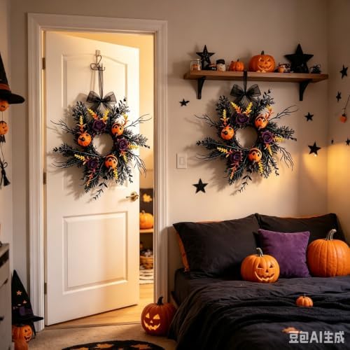 6 Pcs Small Halloween Hanging Wreaths with Orange Mini Pumpkins Purple Roses Black Foliage Yellow Fall Leaves Black Sheer Bow Gothic Mini Cabinet Wreath for Home Kitchen Halloween Party Decor - Image 5