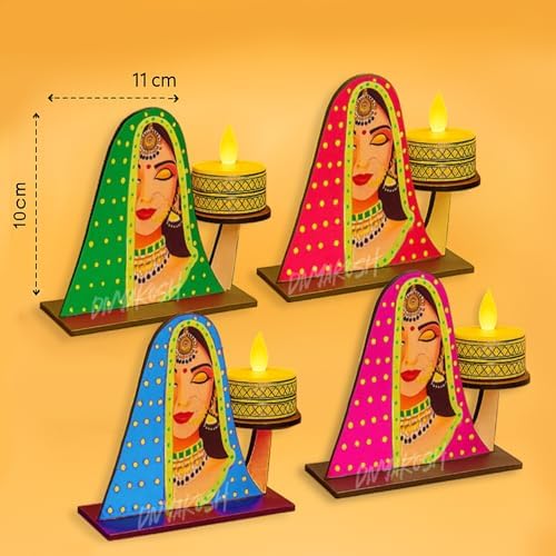 Divyakosh Traditional Rajasthani Lady Face Tea Light Candle Holder Set – Multicolor Wooden Decorative Diyas for Home, Festive Decor & Gifts (Set of 4) - Image 5