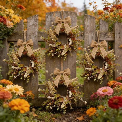8 Pcs Small Fall Hanging Wreaths with Artificial Autumn Eucalyptus Greenery White Buds Beige Spikes Mini Cabinet Wreath for Home Table Centerpieces Kitchen Farmhouse Thanksgiving Party Decor - Image 4