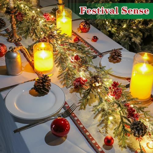 6FT Christmas Garland with Lights, Christmas Decor Pre-lit Artificial Pine Garland with Battery Operated Timer, Decorations Indoor Outdoor Home Holiday Flocked Garland for Mantel Window Stairs Wall - Image 2