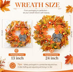 24 Inch Fall Wreath for Front Door with Storage Bag, Autumn Wreaths with Gingham Bow, Orange Maple Leaf, and Berries for Outdoor, Farmhouse Porch Thanksgiving and Harvest Festival Parties - Image 5