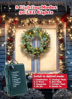 24 Inch Prelit Christmas Wreath for Front Door, Battery Operated LED Light Christmas Wreath with Pine Cones, Red Berry Clusters, Branches and Leaves, Lighted Wreath Wall Windows Decoration - Image 4