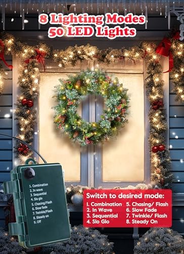 24 Inch Prelit Christmas Wreath for Front Door, Battery Operated LED Light Christmas Wreath with Pine Cones, Red Berry Clusters, Branches and Leaves, Lighted Wreath Wall Windows Decoration - Image 4