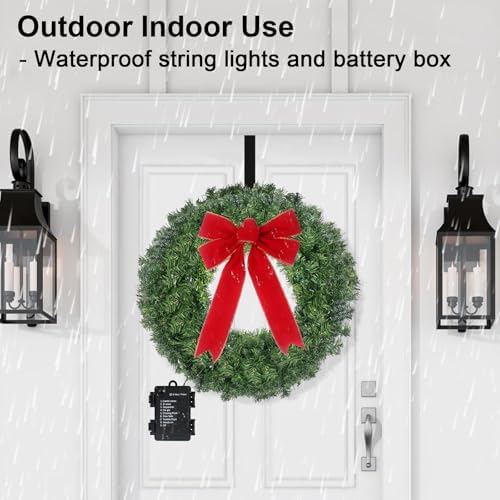 24" Prelit Christmas Wreath with Lights - 50 LED with Timer, 8 Lighting Modes, Waterproof Battery Operated Lighted Door Wreath - Including Wreath Hanger and Red Bow for Christmas Outdoor Decorations - Image 6