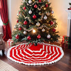 Soulchen 36 Inch Red White Crochet Christmas Tree Skirt with Pom Trim - Image 4