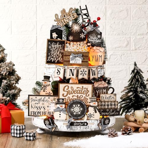 Nuogo 24 Pcs Winter Tiered Tray Decorations Set and 2 Tiered Tray Stand with Handle Winter Table Decoration Tabletop Snowman Decorations for Christmas Home Farmhouse Hot Cocoa - Image 2