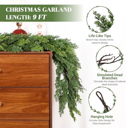 Alupssuc 9FT Christmas Garland, Cedar Garland -Real Touch Artificial Greenery Cypress Pine Garland for Mantle Table Railing Fireplace Indoor & Outdoor Christmas Decoration - Image 3
