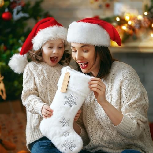 8 Pcs Neutral Christmas Stockings Set, 20'' Farmhouse Plush Faux Fur & 18'' Earth Tones Brown Cable Knitted Fireplace Xmas Stockings with Name Tags for Family Holiday Decor - Image 5