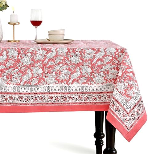 CPC Tablecloth 100% Cotton 72x140 Inch Indian Block Print Rectangle Table Cover, Red Table Cloth for Weddings, Spring/Summer, Barbeque - Pink Coral by COTTONPRINTCLUB