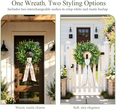 26 Inch Large Artificial Boxwood Wreaths for Front Door All Season, Eucalyptus Wreath with 2 Sashes, Baby's Breath and Flower Buds, Summer Farmhouse Greenery Decor for Outdoor, Porch, Home - Image 5