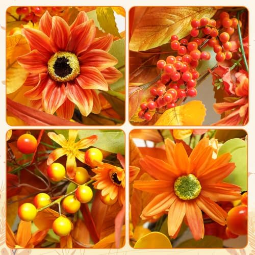 Fall Wreath for Front Door, 24 Inch Autumn Wreath with Berries,Lemon Leaves, Oak Leaves, and Maple Leaves Fall Decorations for Home, Artificial Flowers Harvest and Thanksgiving Indoor & Outdoor - Image 4