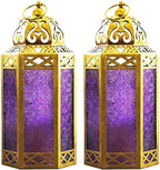 VELA LANTERNS 12" Metal Moroccan Decorative Candle Lantern Holders for Hanging or Table, Indoor Home Decor, Outdoor Patio or Porch, Weddings, Gold, Purple Glass, Large, Set of 2 by VelaCandleLanterns
